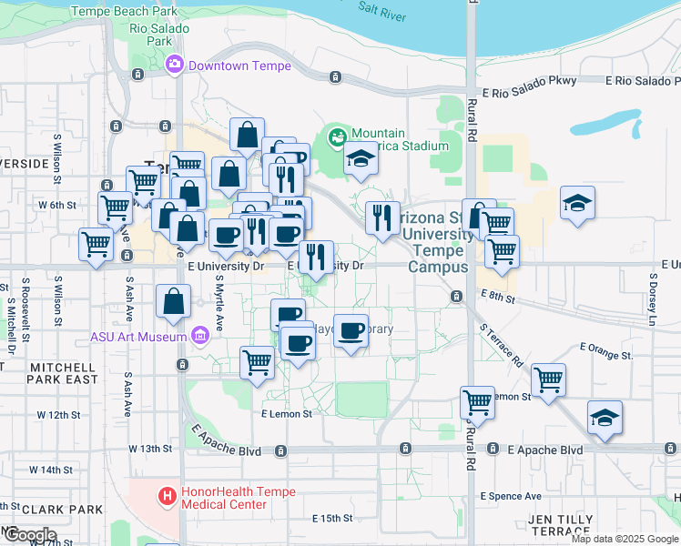 map of restaurants, bars, coffee shops, grocery stores, and more near 501 East University Drive in Tempe