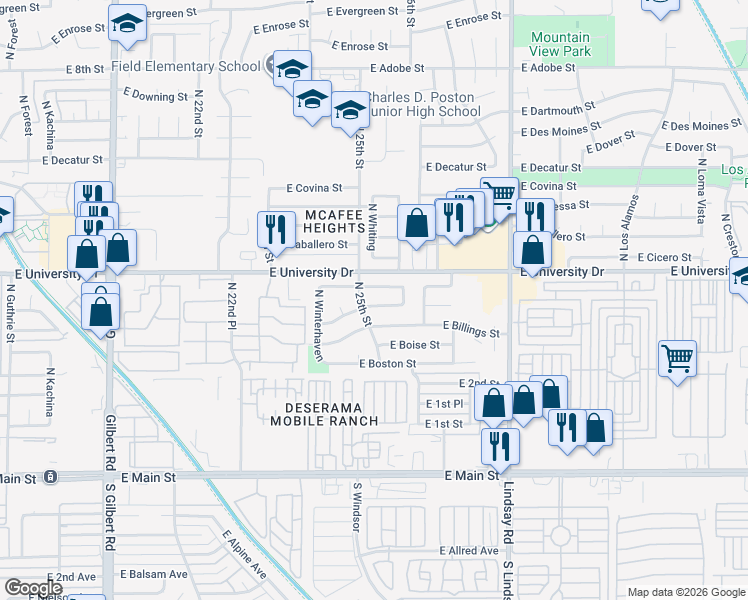 map of restaurants, bars, coffee shops, grocery stores, and more near 2518 East Butte Street in Mesa