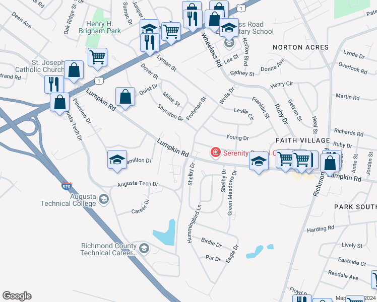 map of restaurants, bars, coffee shops, grocery stores, and more near 2897 Wells Drive in Augusta