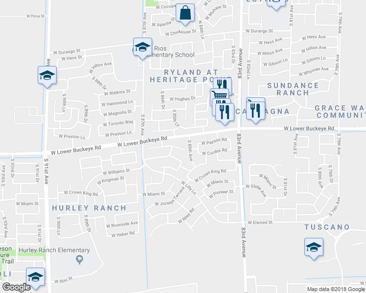 map of restaurants, bars, coffee shops, grocery stores, and more near 8512 West Payson Road in Tolleson