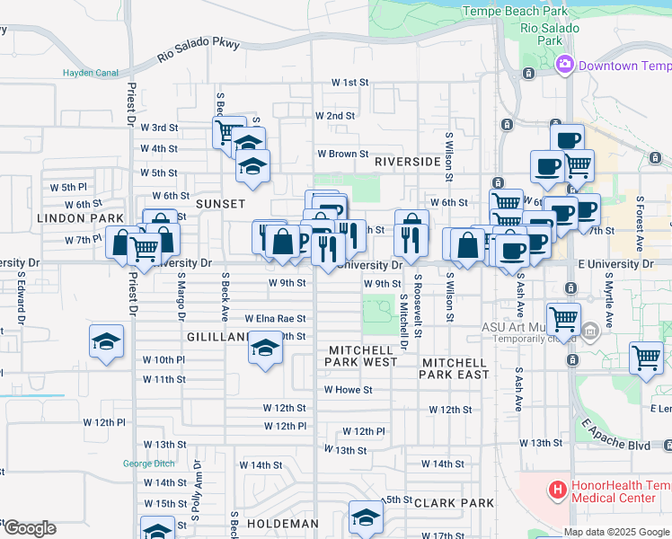 map of restaurants, bars, coffee shops, grocery stores, and more near 825 West University Drive in Tempe