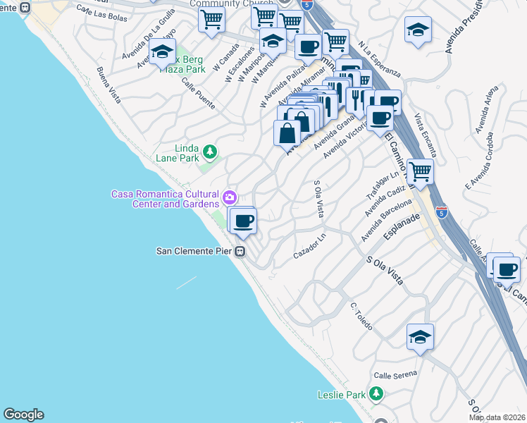 map of restaurants, bars, coffee shops, grocery stores, and more near 321 Acebo Lane in San Clemente