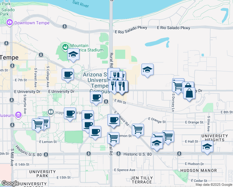 map of restaurants, bars, coffee shops, grocery stores, and more near 921 East University Drive in Tempe