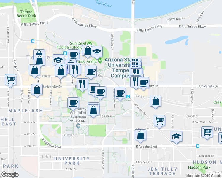 map of restaurants, bars, coffee shops, grocery stores, and more near 651 East University Drive in Tempe