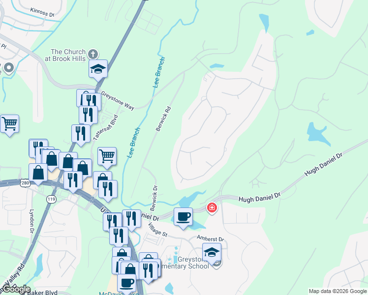 map of restaurants, bars, coffee shops, grocery stores, and more near 3616 Shandwick Place in Birmingham