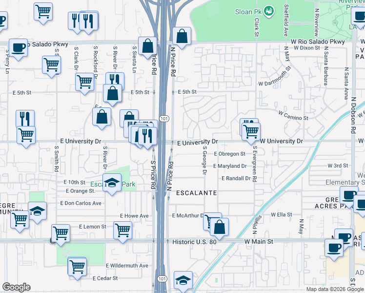 map of restaurants, bars, coffee shops, grocery stores, and more near 2309 East University Drive in Tempe