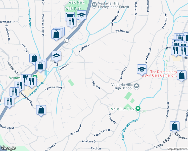 map of restaurants, bars, coffee shops, grocery stores, and more near 1529 Blind Brook Lane in Vestavia Hills