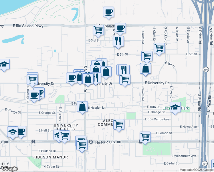 map of restaurants, bars, coffee shops, grocery stores, and more near 821 South Hacienda Drive in Tempe