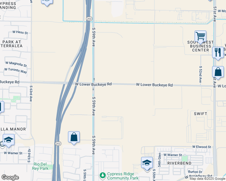 map of restaurants, bars, coffee shops, grocery stores, and more near 5757 West Lower Buckeye Road in Phoenix
