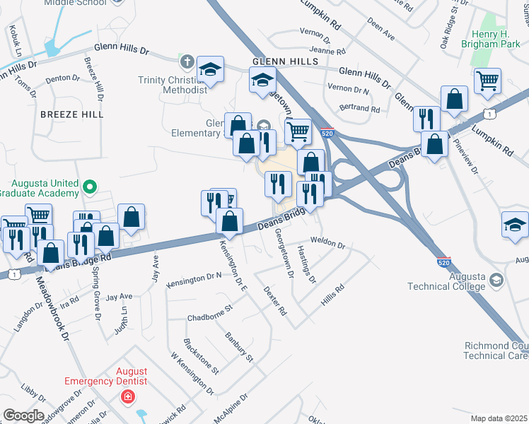 map of restaurants, bars, coffee shops, grocery stores, and more near 3235 Deans Bridge Road in Augusta