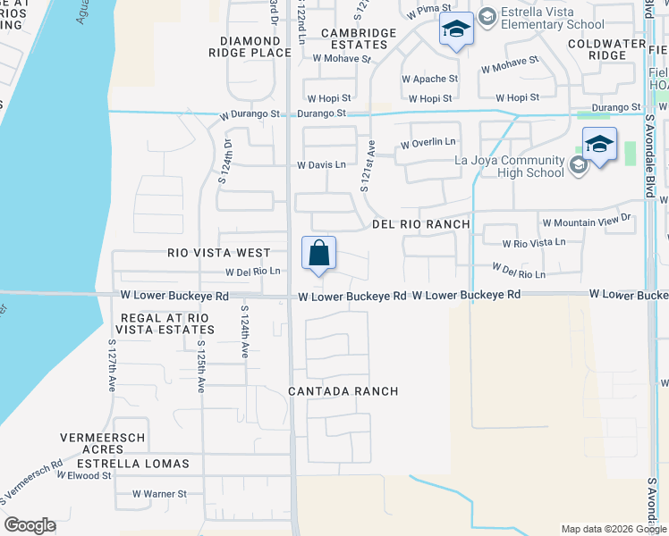 map of restaurants, bars, coffee shops, grocery stores, and more near 12176 West Del Rio Lane in Avondale