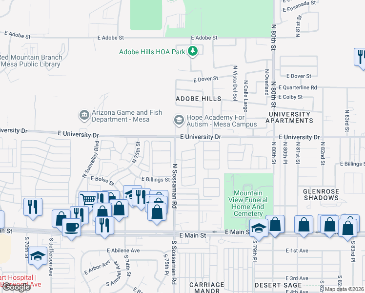 map of restaurants, bars, coffee shops, grocery stores, and more near 336 North 76th Place in Mesa