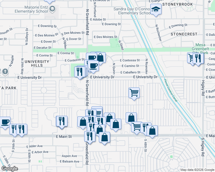 map of restaurants, bars, coffee shops, grocery stores, and more near North Mesa Regal Recreation Veh Park in Mesa