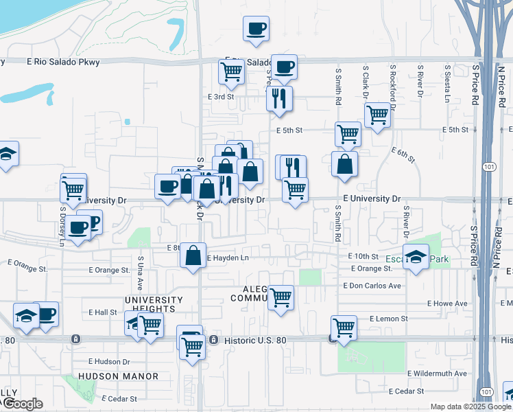 map of restaurants, bars, coffee shops, grocery stores, and more near 821 South Hacienda Drive in Tempe