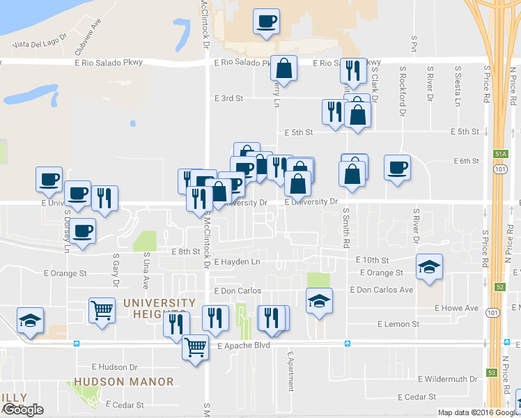 map of restaurants, bars, coffee shops, grocery stores, and more near 821 South Hacienda Drive in Tempe