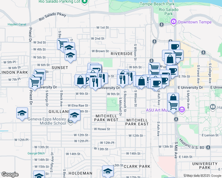 map of restaurants, bars, coffee shops, grocery stores, and more near 733 West University Drive in Tempe