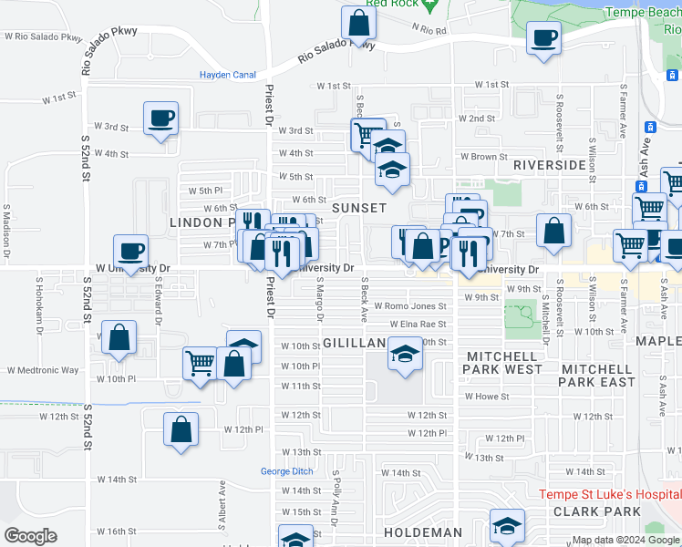 map of restaurants, bars, coffee shops, grocery stores, and more near 1211 West University Drive in Tempe