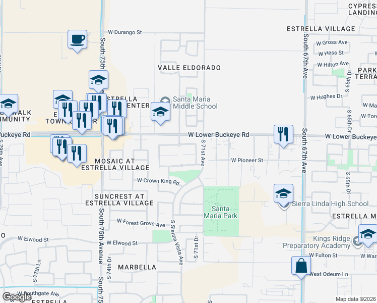 map of restaurants, bars, coffee shops, grocery stores, and more near 7116 West Williams Street in Phoenix