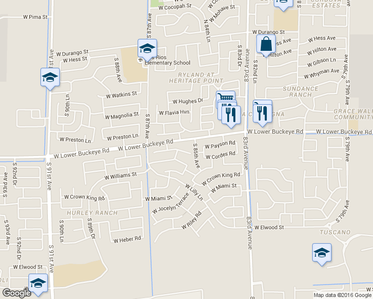 map of restaurants, bars, coffee shops, grocery stores, and more near 8512 West Payson Road in Tolleson
