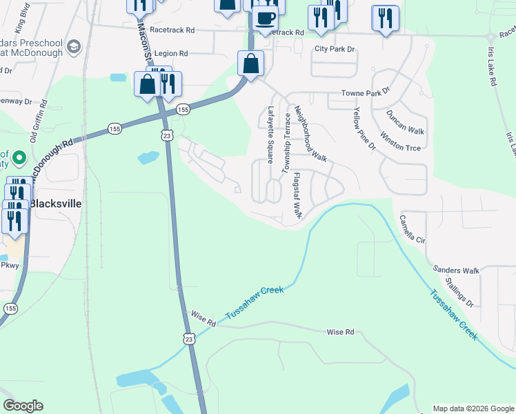map of restaurants, bars, coffee shops, grocery stores, and more near 6038 Creekerton Boulevard in McDonough