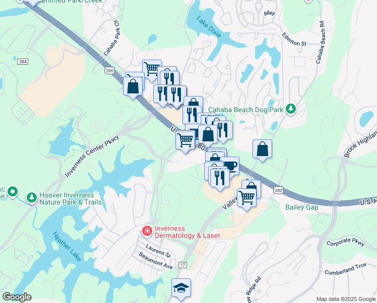 map of restaurants, bars, coffee shops, grocery stores, and more near 202 Inverness Center Dr in Birmingham