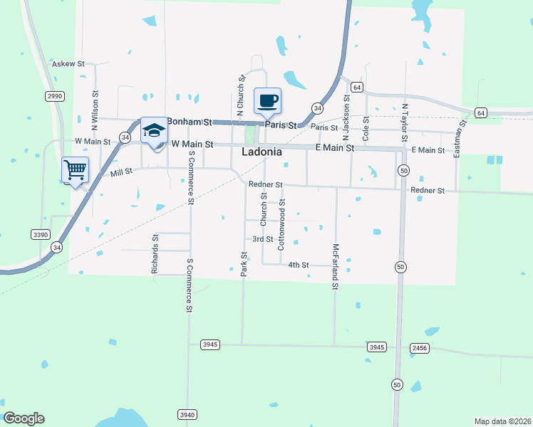 map of restaurants, bars, coffee shops, grocery stores, and more near 305 Church Street in Ladonia