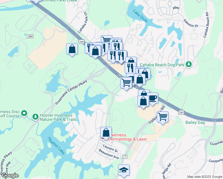 map of restaurants, bars, coffee shops, grocery stores, and more near 202 Inverness Center Drive in Birmingham