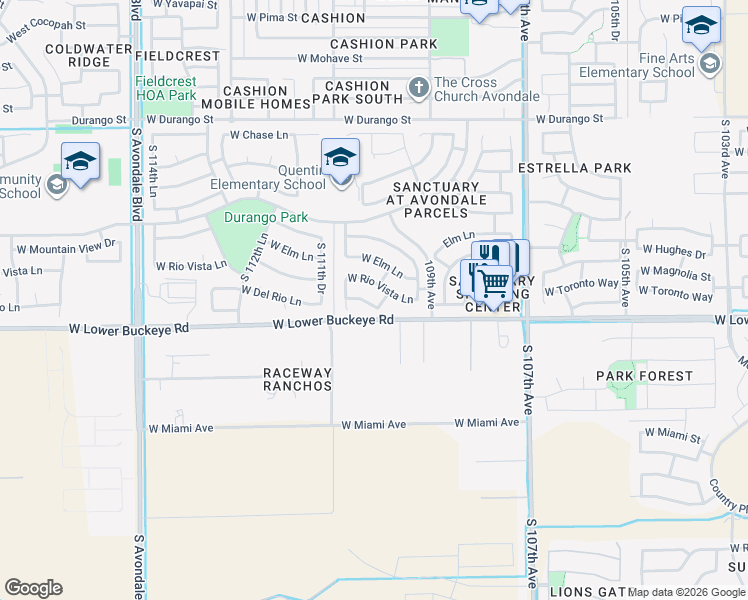 map of restaurants, bars, coffee shops, grocery stores, and more near 10982 West Del Rio Lane in Avondale