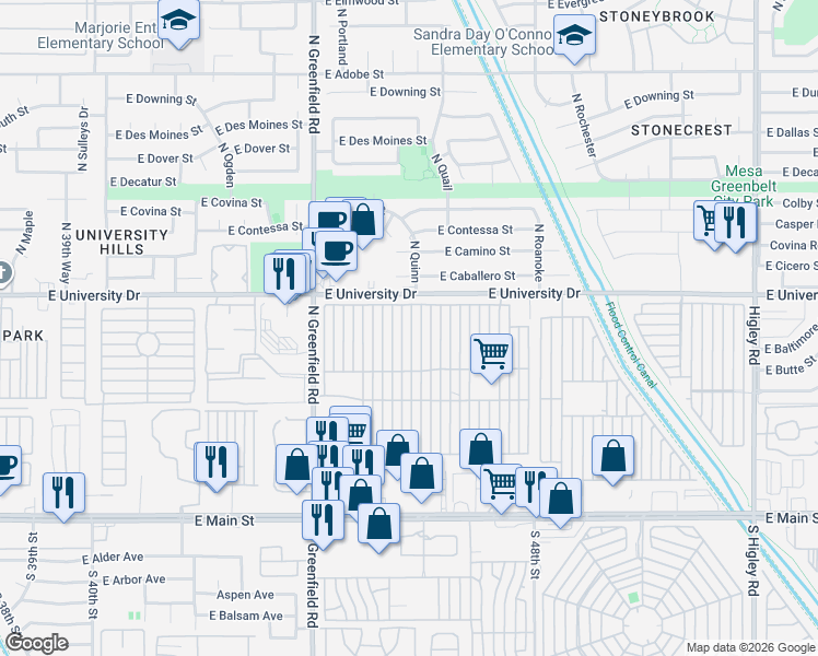 map of restaurants, bars, coffee shops, grocery stores, and more near North Mesa Regal Recreation Veh Park in Mesa