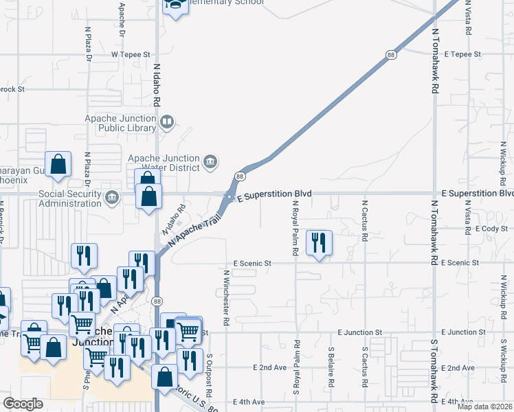 map of restaurants, bars, coffee shops, grocery stores, and more near 591 East Superstition Boulevard in Apache Junction