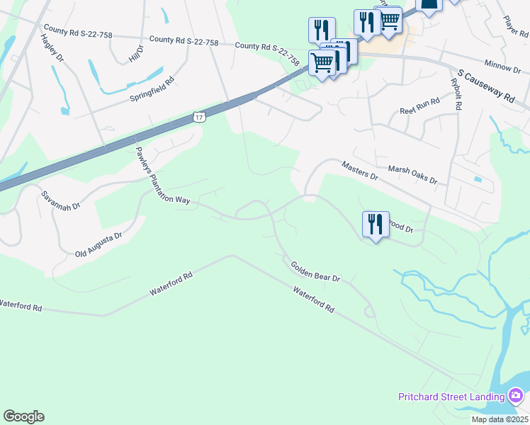 map of restaurants, bars, coffee shops, grocery stores, and more near 16 Golden Bear Drive in Pawleys Island