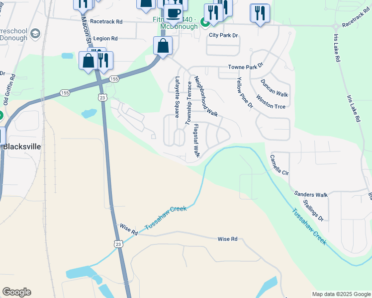 map of restaurants, bars, coffee shops, grocery stores, and more near 2105 Uptown Square in McDonough