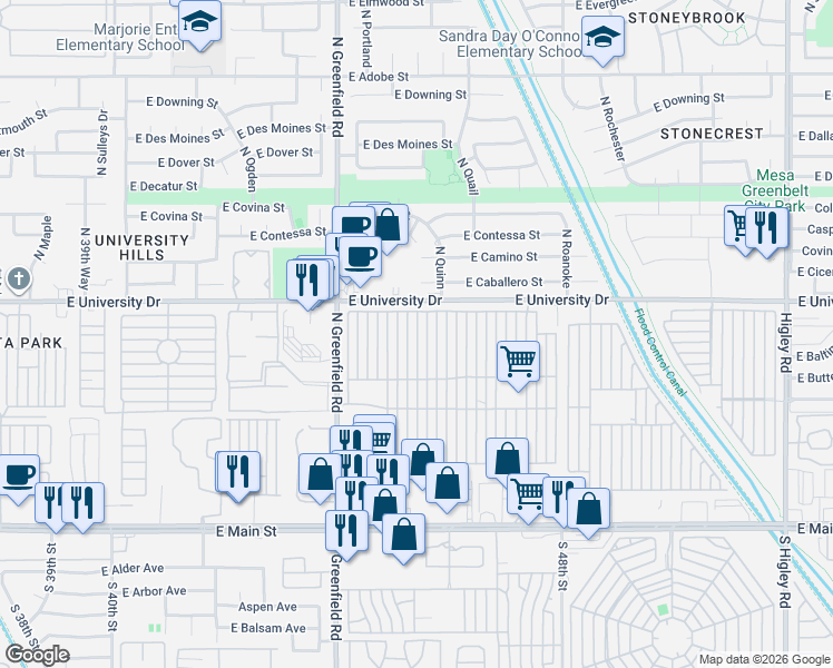map of restaurants, bars, coffee shops, grocery stores, and more near North Mesa Regal Recreation Veh Park in Mesa