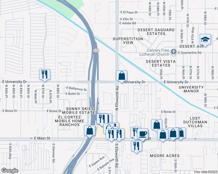 map of restaurants, bars, coffee shops, grocery stores, and more near 354 North Ellsworth Road in Mesa