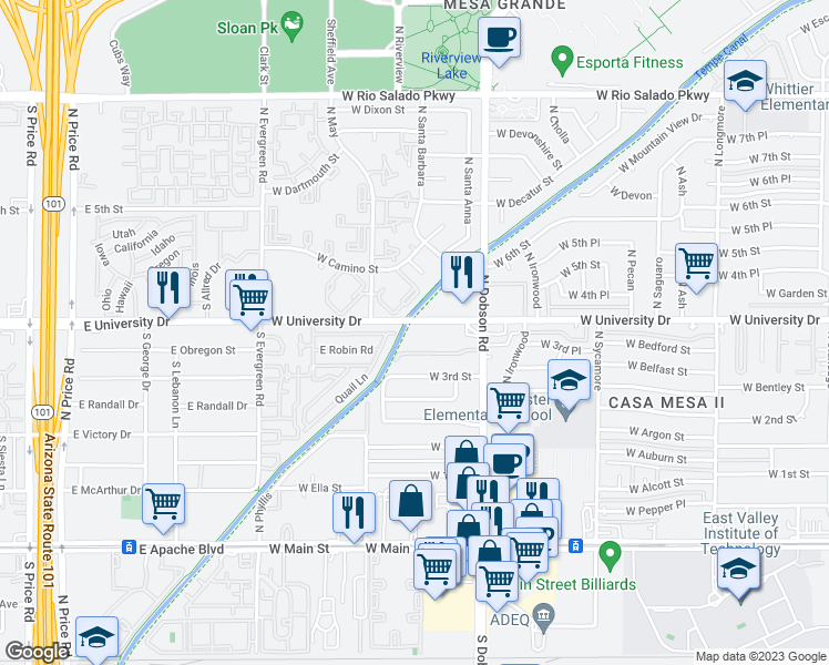 map of restaurants, bars, coffee shops, grocery stores, and more near 2111 West University Drive in Mesa
