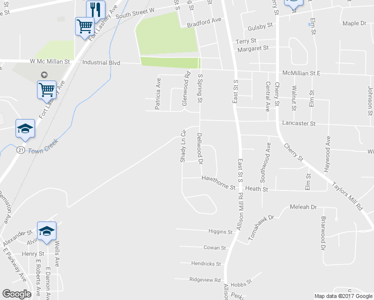 map of restaurants, bars, coffee shops, grocery stores, and more near 1010 Shady Lane Circle in Talladega