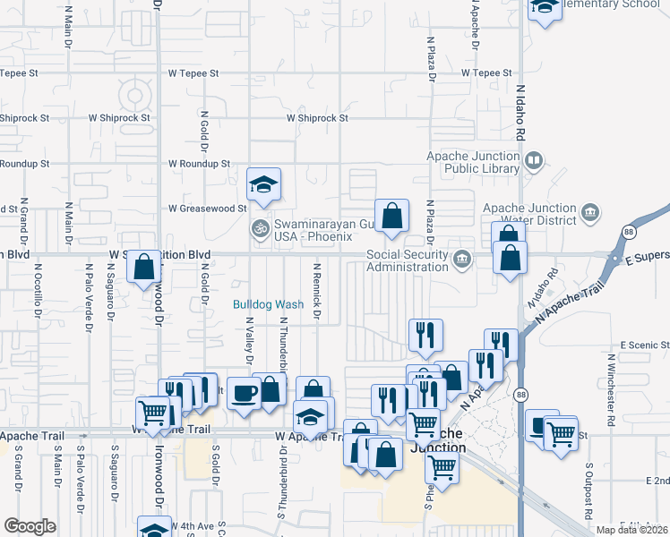 map of restaurants, bars, coffee shops, grocery stores, and more near 740 North San Marcos Drive in Apache Junction