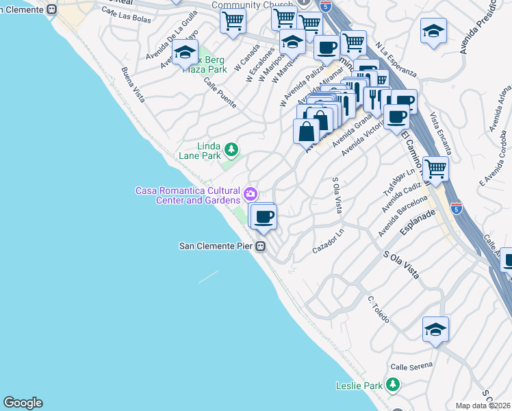 map of restaurants, bars, coffee shops, grocery stores, and more near 411 Avenida Granada in San Clemente
