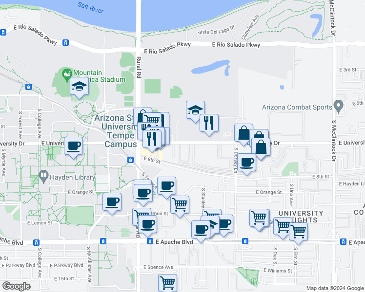 map of restaurants, bars, coffee shops, grocery stores, and more near 1111 East University Drive in Tempe