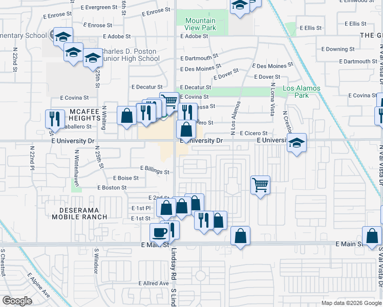 map of restaurants, bars, coffee shops, grocery stores, and more near Mobile Home Park in Mesa