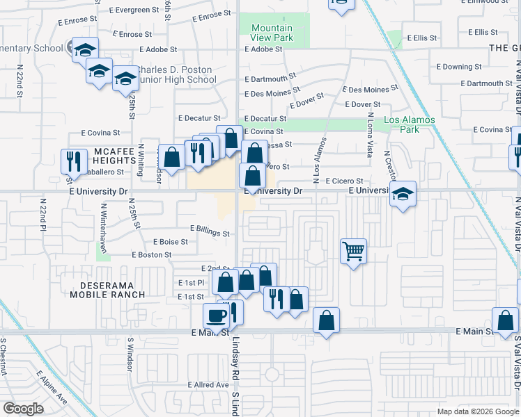 map of restaurants, bars, coffee shops, grocery stores, and more near Mobile Home Park in Mesa