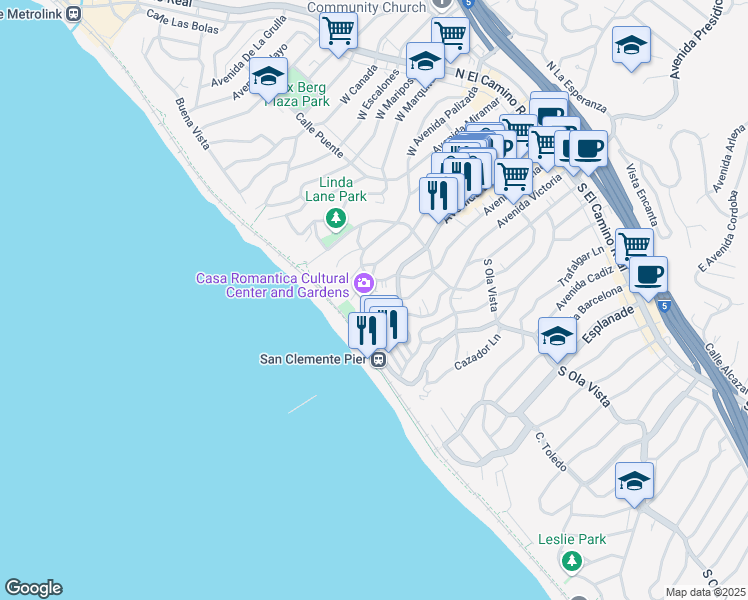 map of restaurants, bars, coffee shops, grocery stores, and more near 411 Avenida Granada in San Clemente