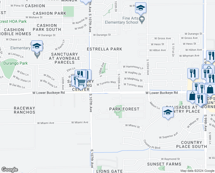 map of restaurants, bars, coffee shops, grocery stores, and more near 10536 West Preston Lane in Tolleson