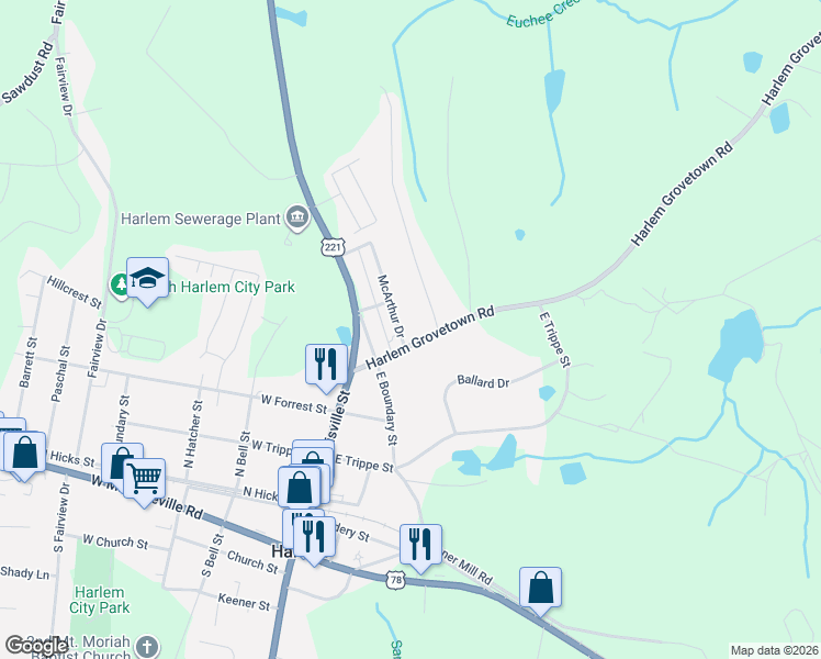 map of restaurants, bars, coffee shops, grocery stores, and more near 400 Harlem Grovetown Road in Harlem