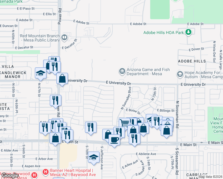 map of restaurants, bars, coffee shops, grocery stores, and more near 215 North Power Road in Mesa