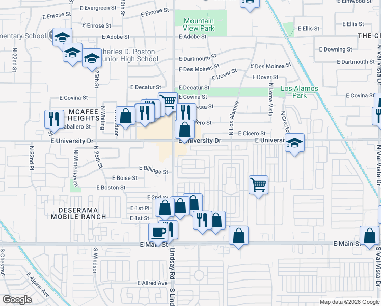 map of restaurants, bars, coffee shops, grocery stores, and more near Mobile Home Park in Mesa