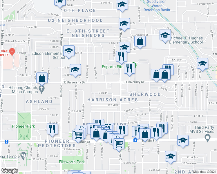 map of restaurants, bars, coffee shops, grocery stores, and more near 1114 East 3rd Place in Mesa