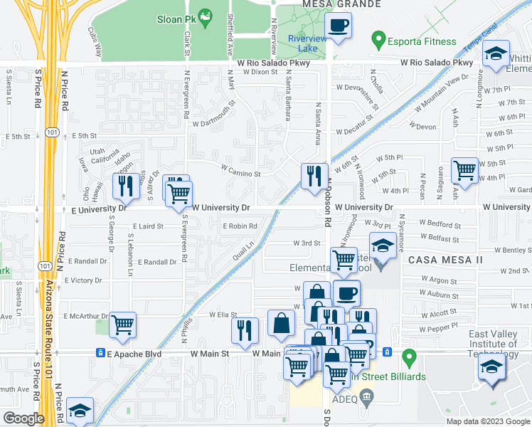 map of restaurants, bars, coffee shops, grocery stores, and more near 2111 West University Drive in Mesa