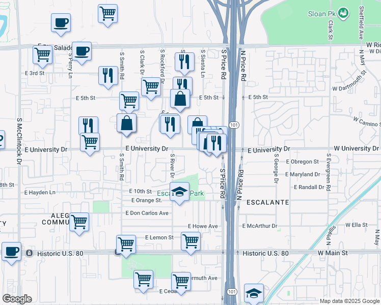 map of restaurants, bars, coffee shops, grocery stores, and more near 2145 East University Drive in Tempe