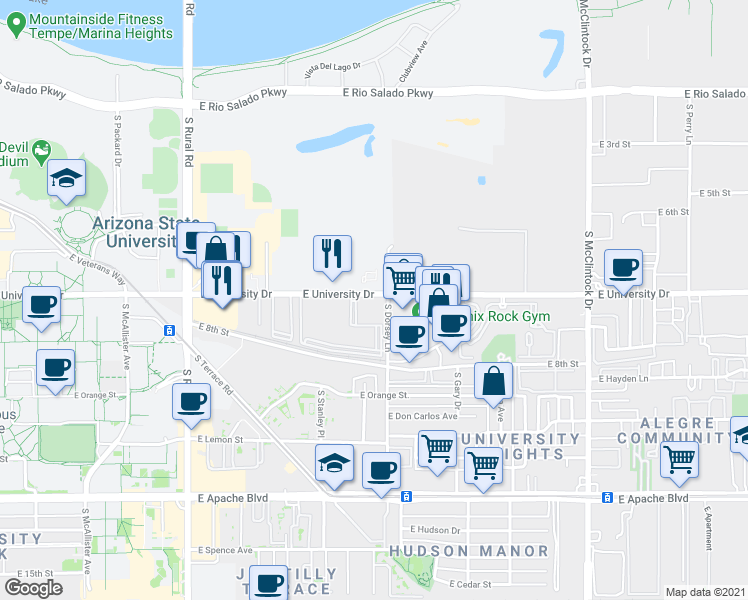 map of restaurants, bars, coffee shops, grocery stores, and more near in Tempe